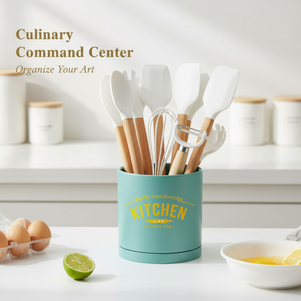 6-Inch Plastic Cylindrical Kitchen Utensil Holder with Drainage and Seamless Saucer Fast Forward