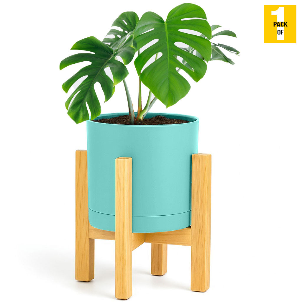 cylinder planter pot with wooden stand drainage and seamless saucer - aqua Pack of 1