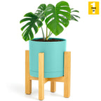 cylinder planter pot with wooden stand drainage and seamless saucer - aqua Pack of 1