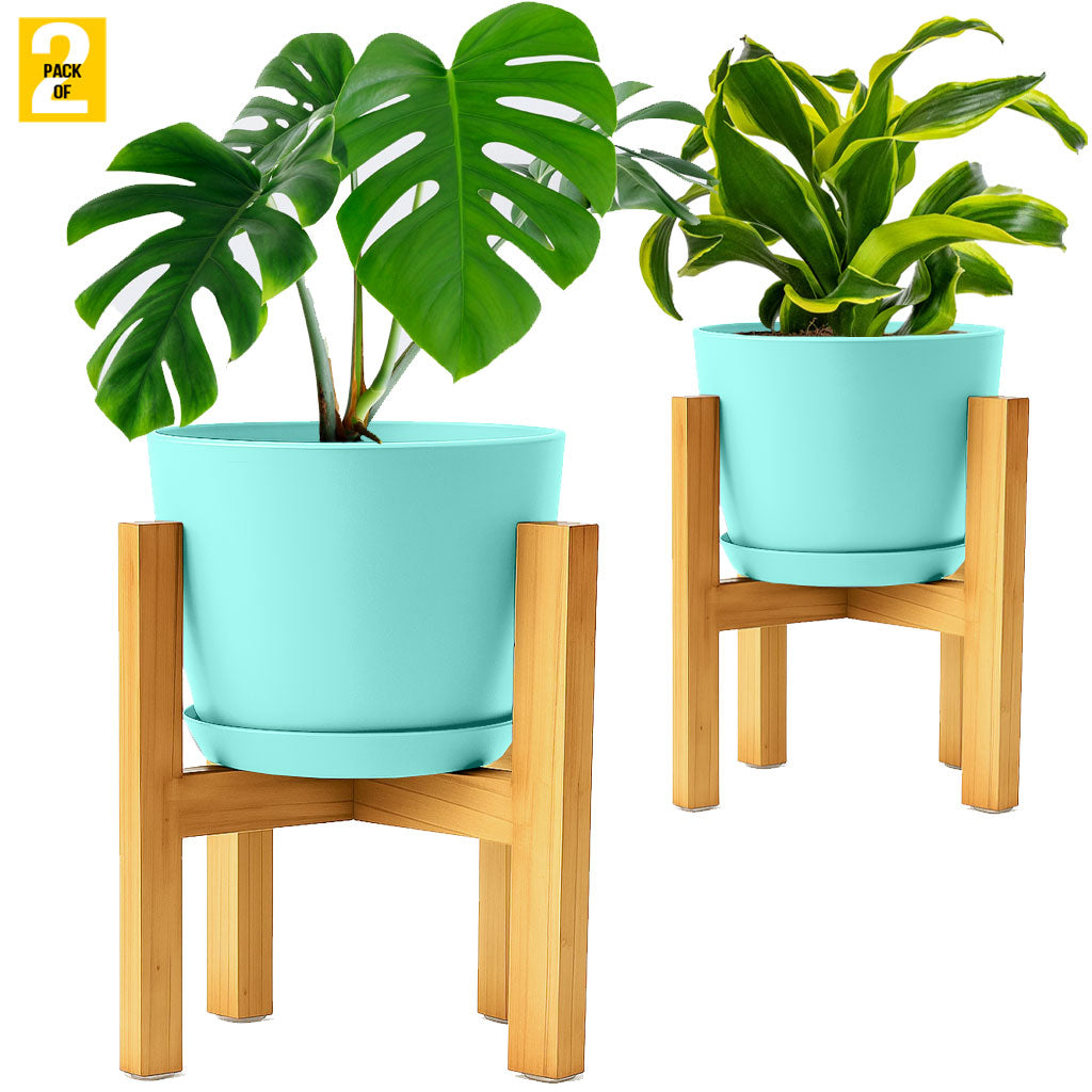 Modern Planter Pots with Drainage Tray & Pure Wooden Stand – Durable ABS Plastic with Seamless Saucers