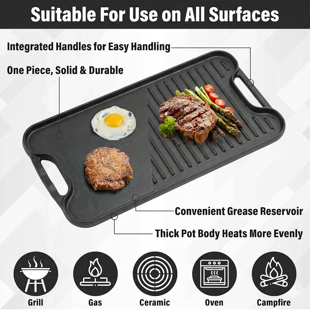 Pre-Seasoned Cast Iron Reversible Grill & Griddle Pan – Even Heat Distribution, 12-Inch Fast Forward