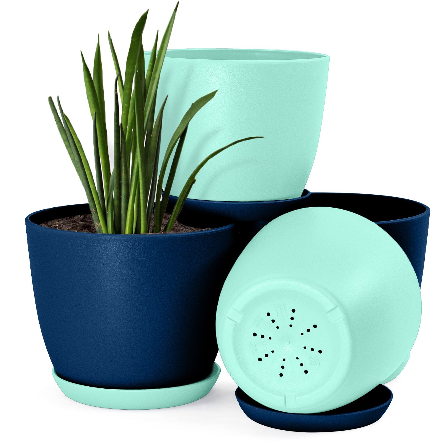Plastic Decorative Flower Pots Set of 4 with Drainage for Indoor Plants 2 Sizes, 2 Colors (Plants Not Included)