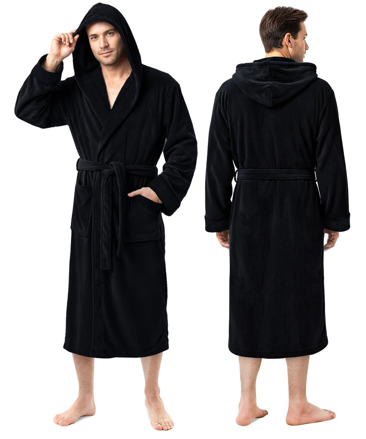 Men’s Fleece Hooded Bathrobe, Super Soft Plush Dressing Gown & Warm Loungewear for Home, Spa & Winter Use