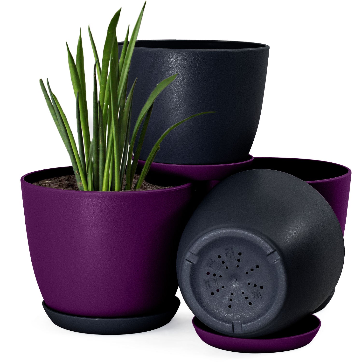 Plastic Decorative Flower Pots Set of 4 with Drainage for Indoor Plants 2 Sizes, 2 Colors (Plants Not Included)