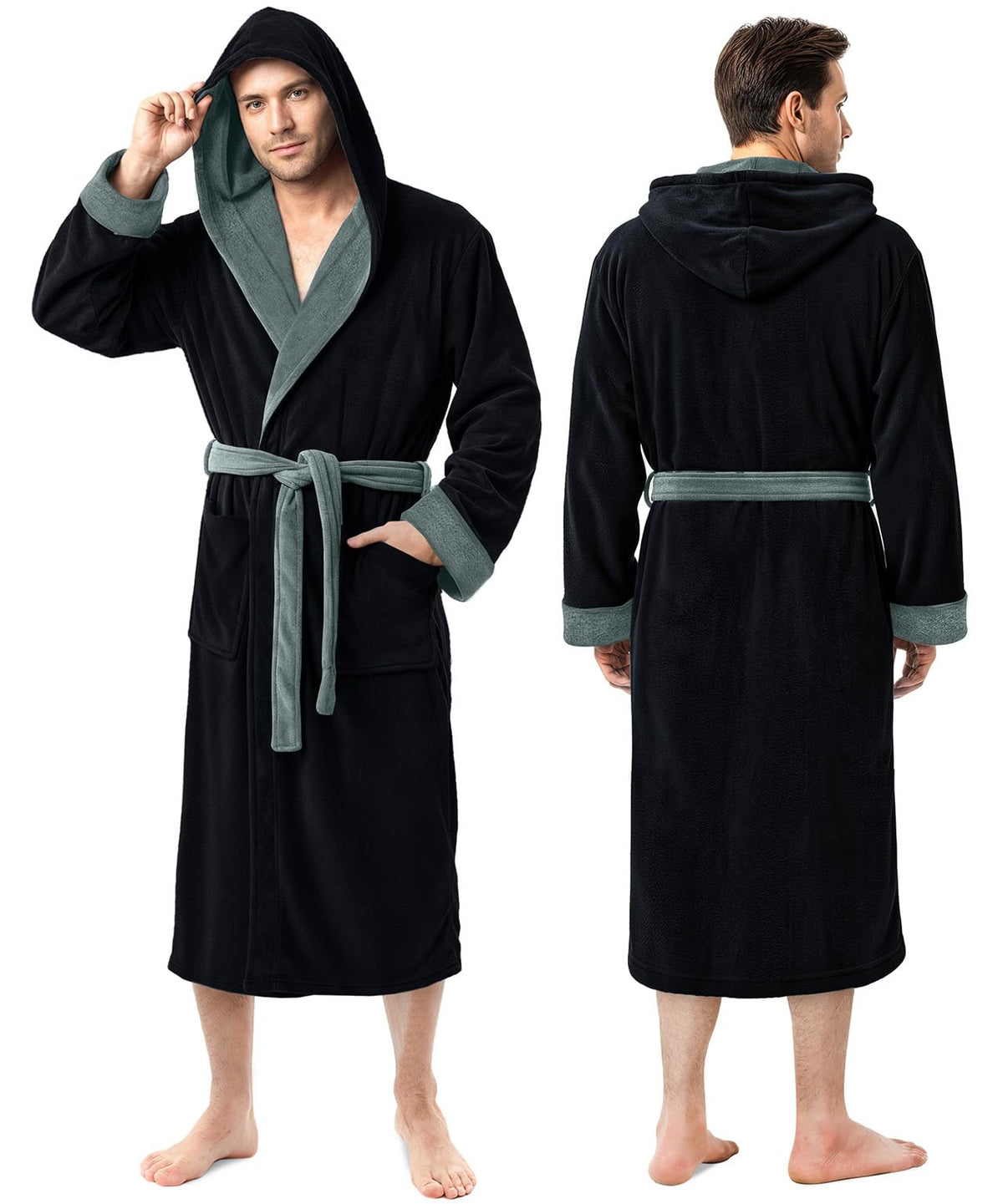 Men’s Fleece Hooded Bathrobe, Super Soft Plush Dressing Gown & Warm Loungewear for Home, Spa & Winter Use
