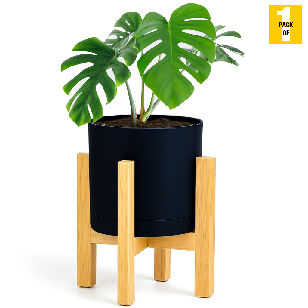 Modern Cylinder Planter Pots with Drainage & Wooden Stand – Durable ABS Plastic with Seamless Saucers – Ideal for Indoor & Outdoor Plant Styling – Pack of 2