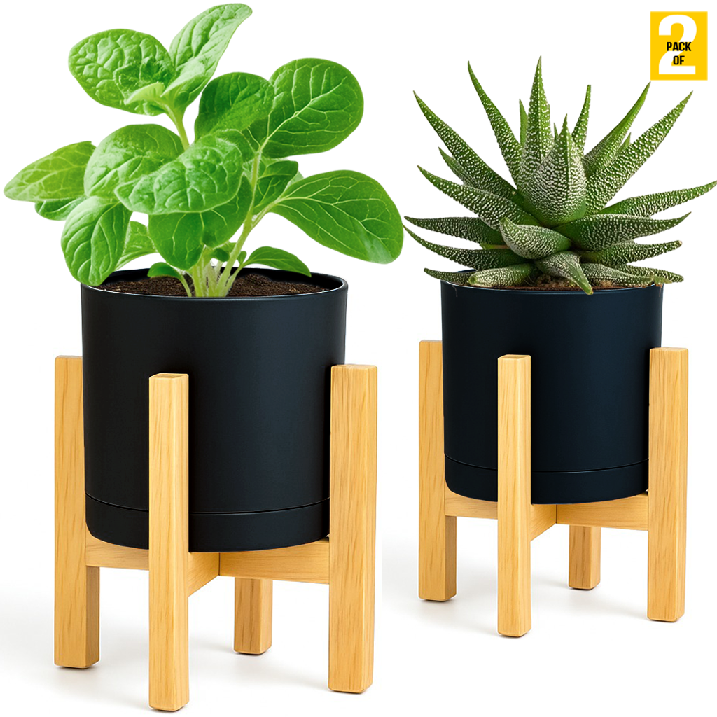 Modern Cylinder Planter Pots with Drainage & Wooden Stand – Durable ABS Plastic with Seamless Saucers – Ideal for Indoor & Outdoor Plant Styling – Pack of 2