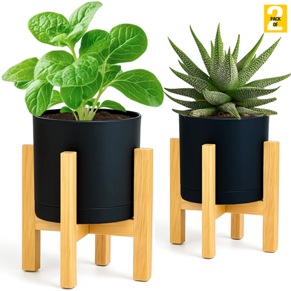 Modern Cylinder Planter Pots with Drainage & Wooden Stand – Durable ABS Plastic with Seamless Saucers – Ideal for Indoor & Outdoor Plant Styling – Pack of 2