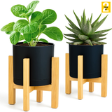 Modern Cylinder Planter Pots with Drainage & Wooden Stand – Durable ABS Plastic with Seamless Saucers – Ideal for Indoor & Outdoor Plant Styling – Pack of 2