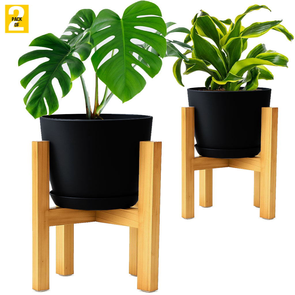 Modern Planter Pots with Drainage Tray & Pure Wooden Stand – Durable ABS Plastic with Seamless Saucers