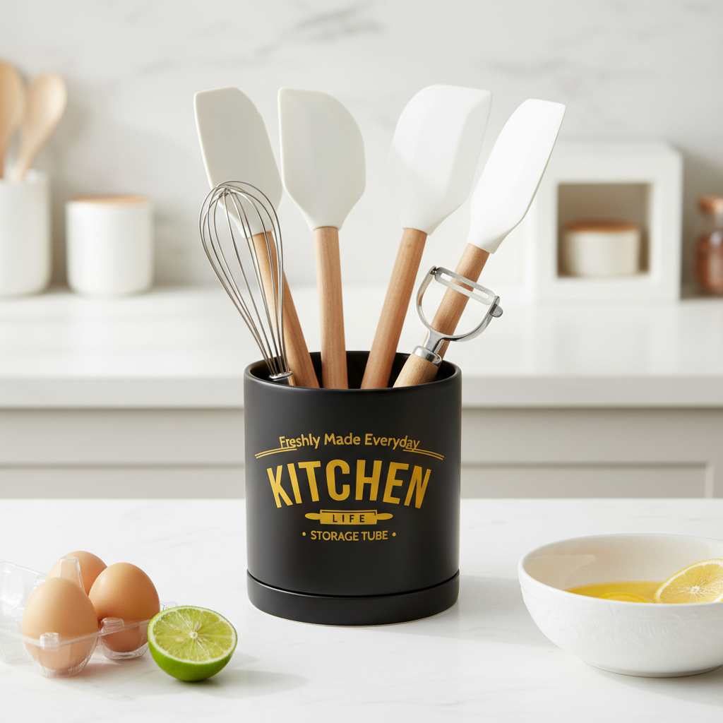6 inch plastic kitchen utensil holder with drainage seamless saucer - lifestyle use view