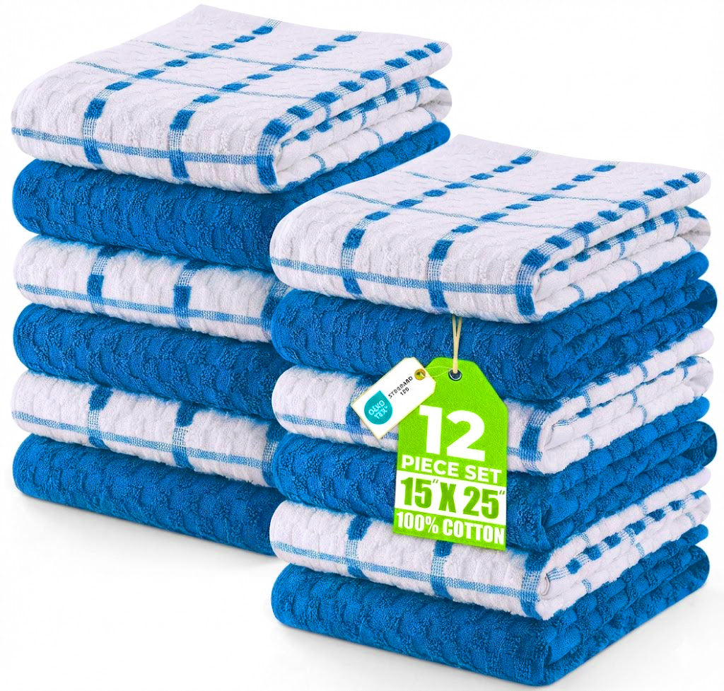 Kitchen Towels 12 Pack, 15 x 25 Inches, 100% Ring Spun Cotton Super Soft and Absorbent Linen Dish, Tea and Bar Towels Set