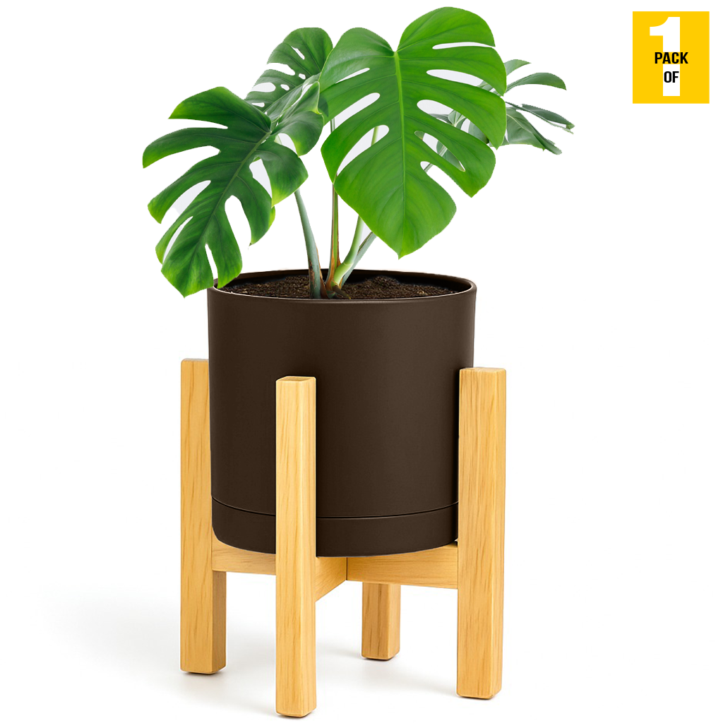 Modern Cylinder Planter Pots with Drainage & Wooden Stand – Durable ABS Plastic with Seamless Saucers – Ideal for Indoor & Outdoor Plant Styling – Pack of 2