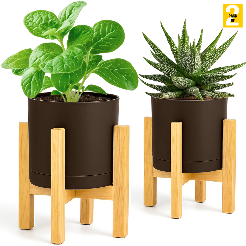 Modern Cylinder Planter Pots with Drainage & Wooden Stand – Durable ABS Plastic with Seamless Saucers – Ideal for Indoor & Outdoor Plant Styling – Pack of 2