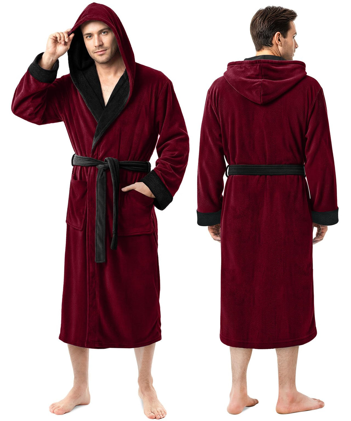 Men’s Fleece Hooded Bathrobe, Super Soft Plush Dressing Gown & Warm Loungewear for Home, Spa & Winter Use