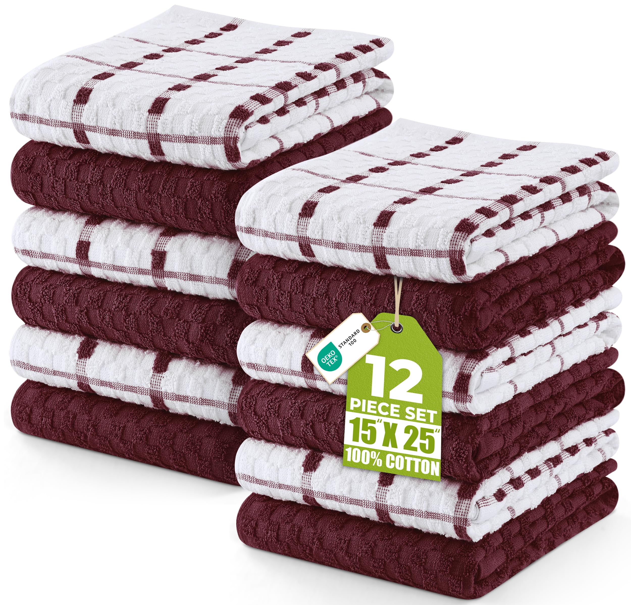 Kitchen Towels 12 Pack, 15 x 25 Inches, 100% Ring Spun Cotton Super Soft and Absorbent Linen Dish, Tea and Bar Towels Set