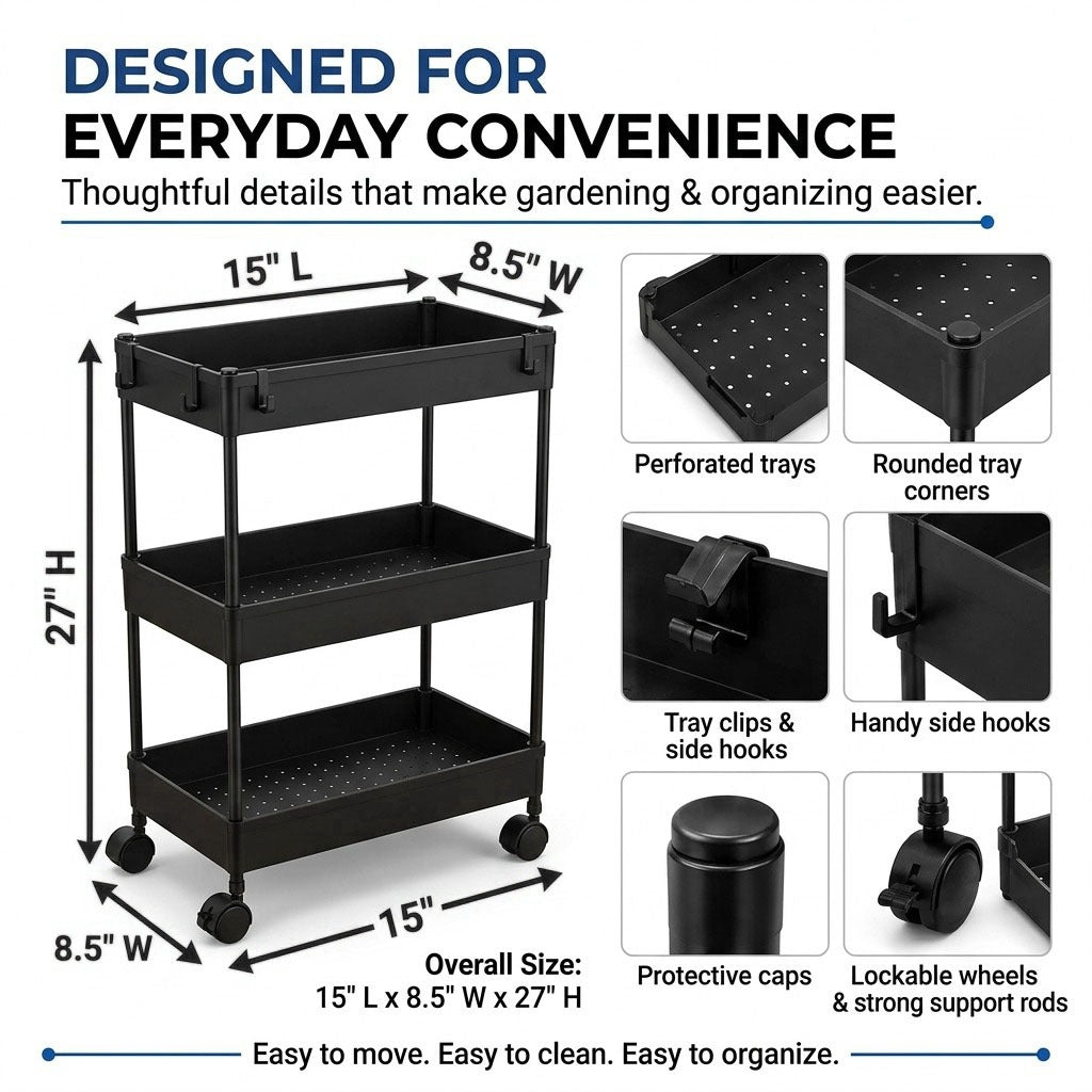 Plantation Cart – 2 Tier & 3 Tier Space-Saving Utility Storage Trolley with Wheels, Perforated Trays & Side Hooks