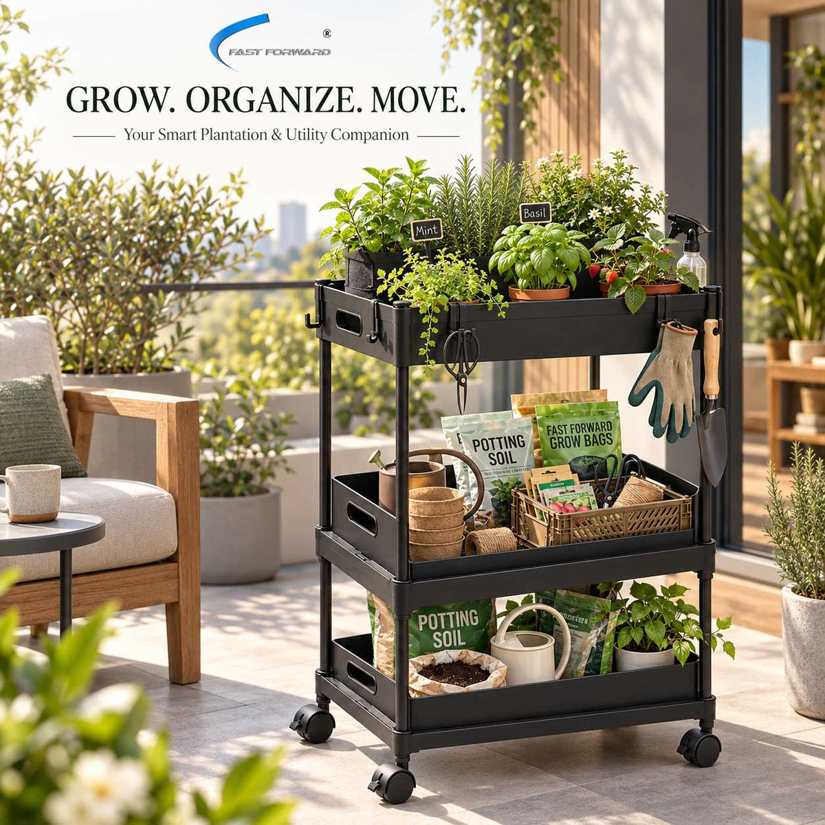 Plantation Cart – 2 Tier & 3 Tier Space-Saving Utility Storage Trolley with Wheels, Perforated Trays & Side Hooks