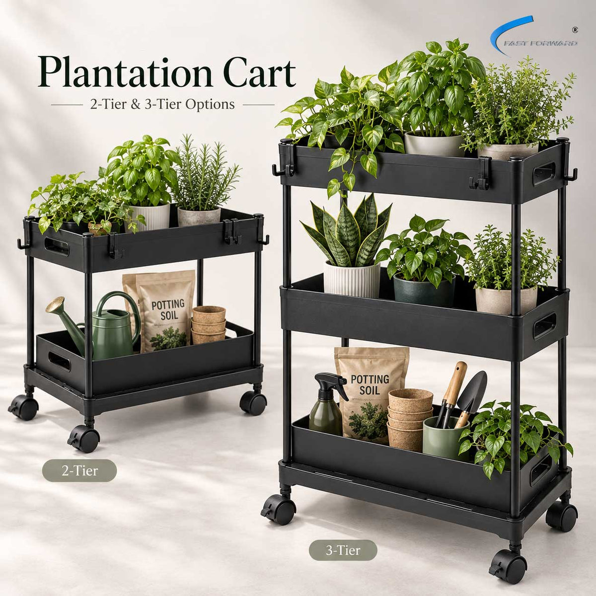 Plantation Cart – 2 Tier & 3 Tier Space-Saving Utility Storage Trolley with Wheels, Perforated Trays & Side Hooks