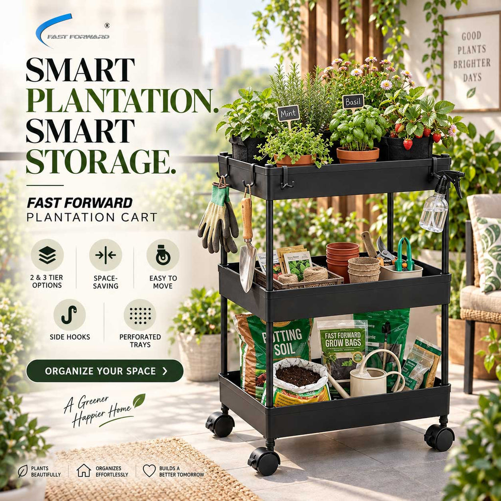 Plantation Cart – 2 Tier & 3 Tier Space-Saving Utility Storage Trolley with Wheels, Perforated Trays & Side Hooks