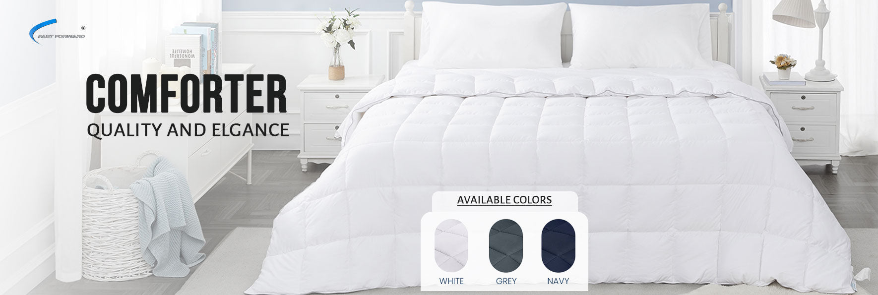 White comforter on a bed with color options displayed.
