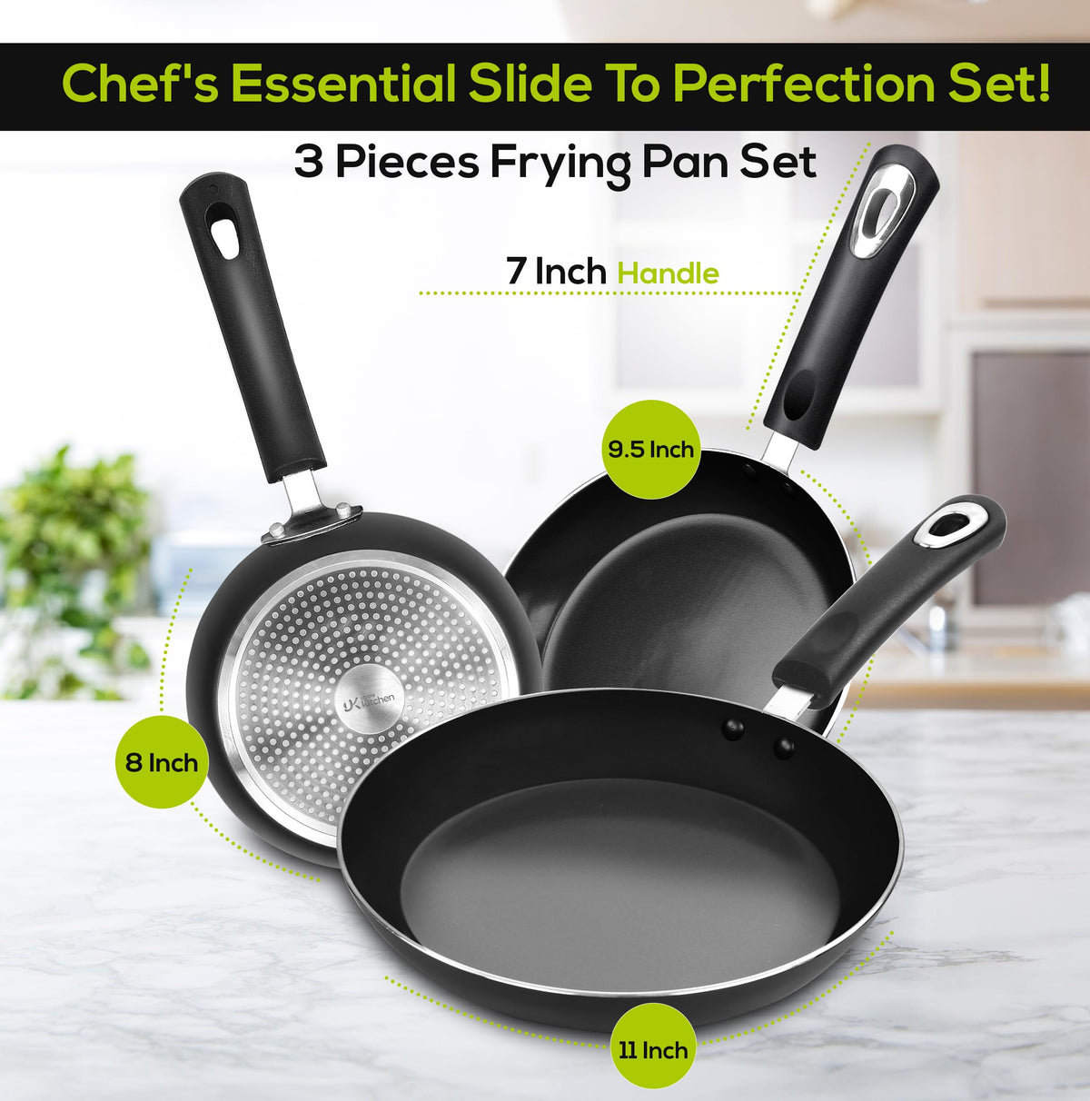 Nonstick Frying Pan Set 3-Piece with Induction Bottom, 8, 9.5 & 11 Inch Aluminum Cookware for Frying, Sautéing & Daily Cooking