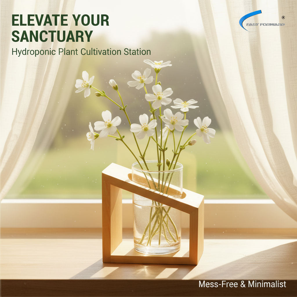 Hydroponic Plant Cultivation Station with Pure Wooden Stand & Transparent 6-Inch Acrylic Vase for Indoor Plants, Home & Office Decor