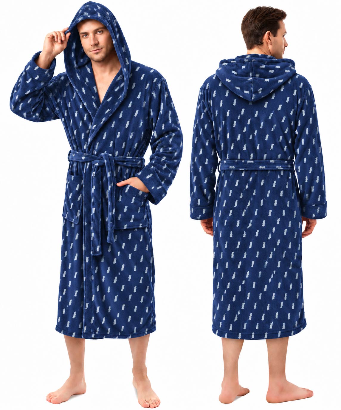 Men’s Fleece Hooded Bathrobe, Super Soft Plush Dressing Gown & Warm Loungewear for Home, Spa & Winter Use