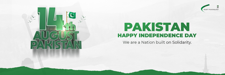 Happy Independence Day of Pakistan banner with national colors and text.