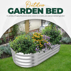 Metal garden bed with plants and flowers on a grassy area, with text about customizable garden options.
