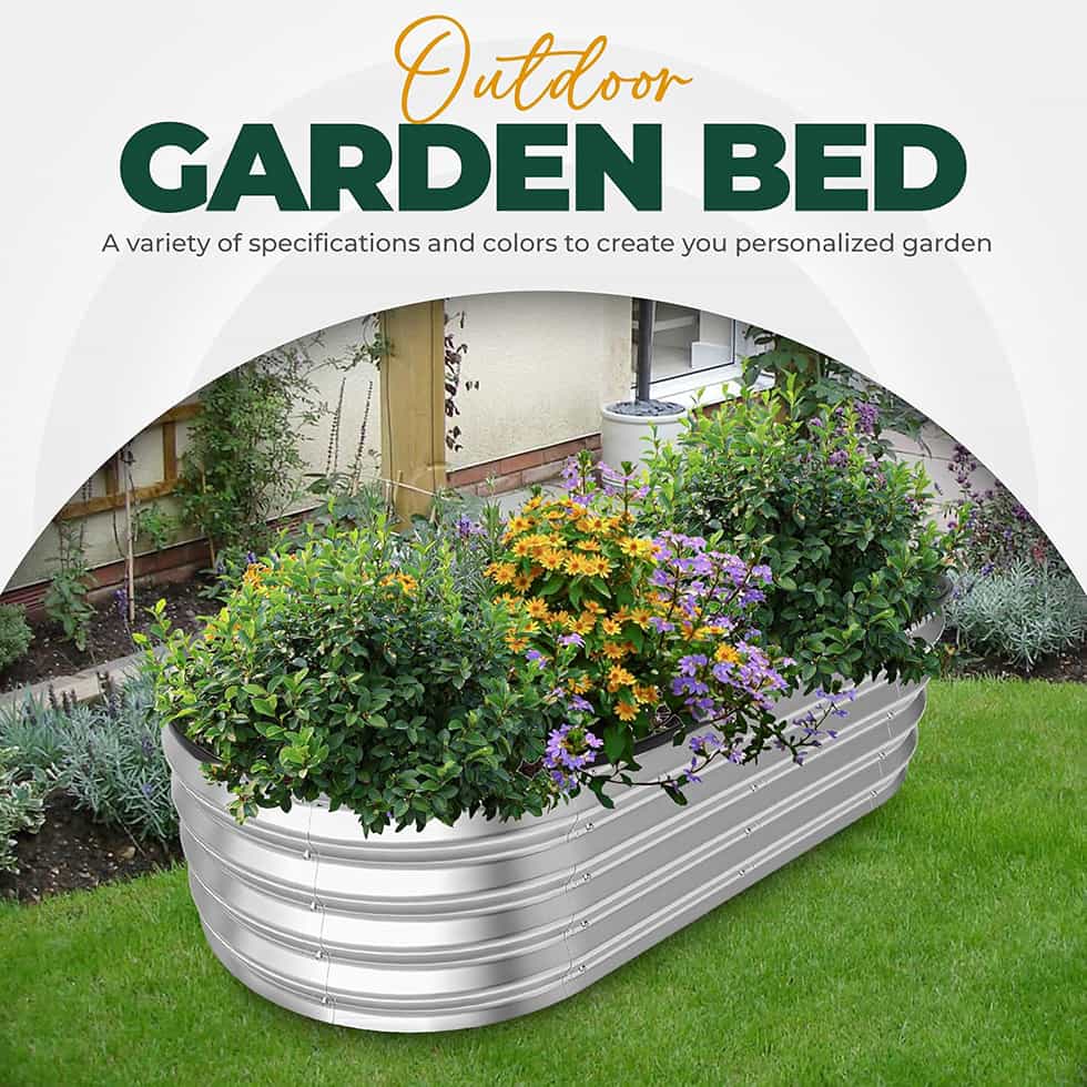 Metal garden bed with plants and flowers on a grassy area, with text about customizable garden options.