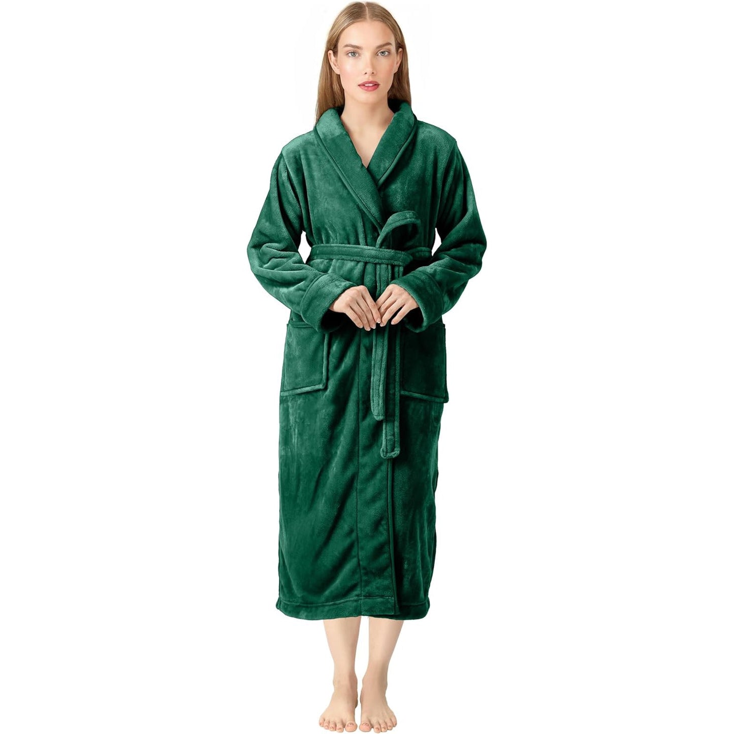 Premium Women's Plush Long Bathrobe - Soft Warm Fleece Robe with Shawl Collar for Spa & Home