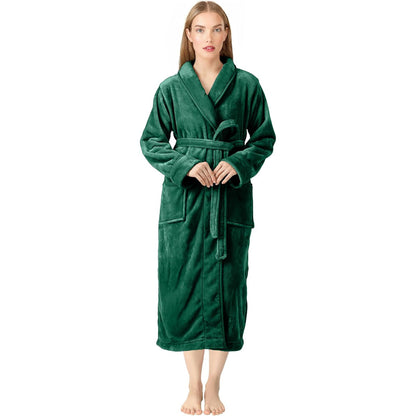 Premium Women's Plush Long Bathrobe - Soft Warm Fleece Robe with Shawl Collar for Spa & Home