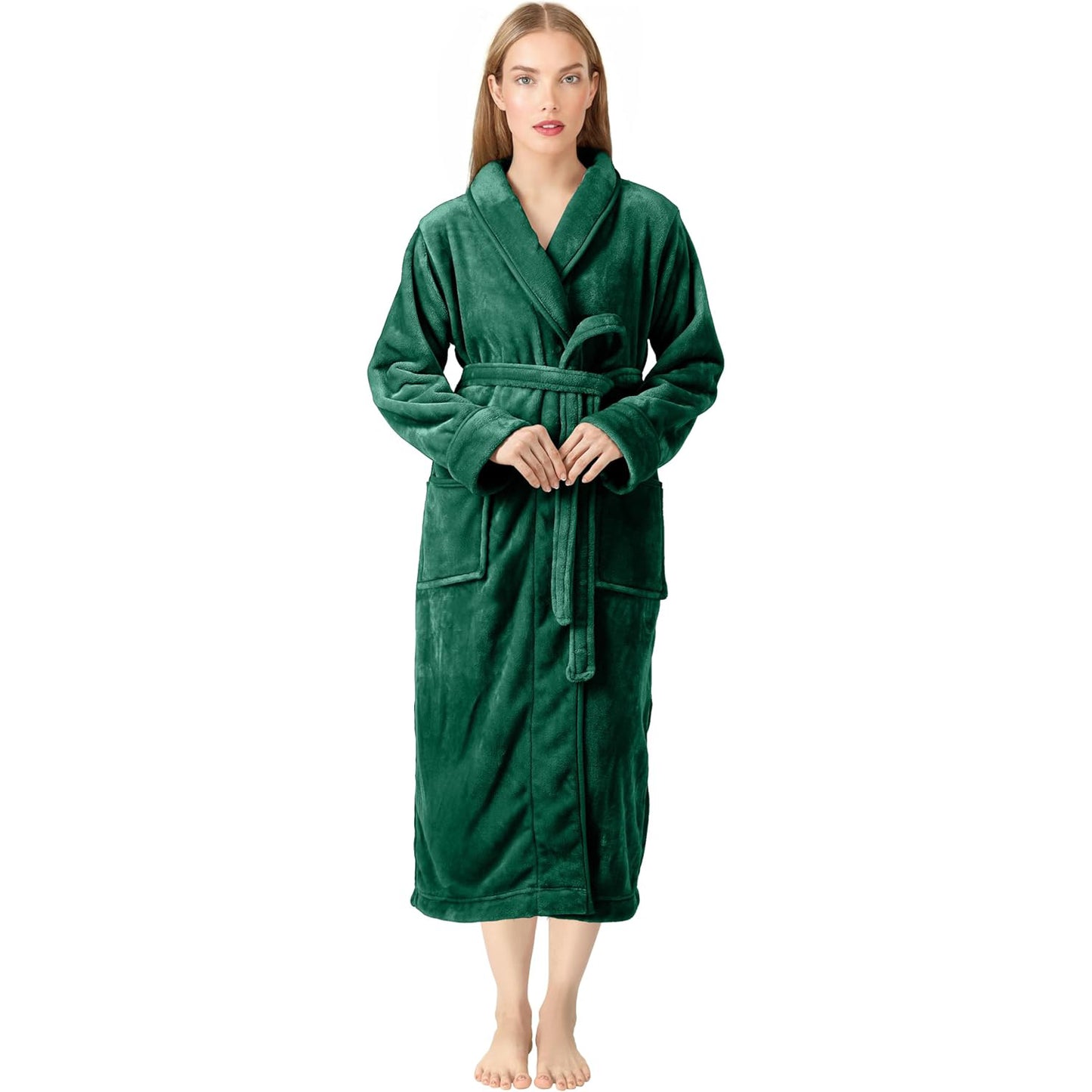Premium Women's Plush Long Bathrobe - Soft Warm Fleece Robe with Shawl Collar for Spa & Home