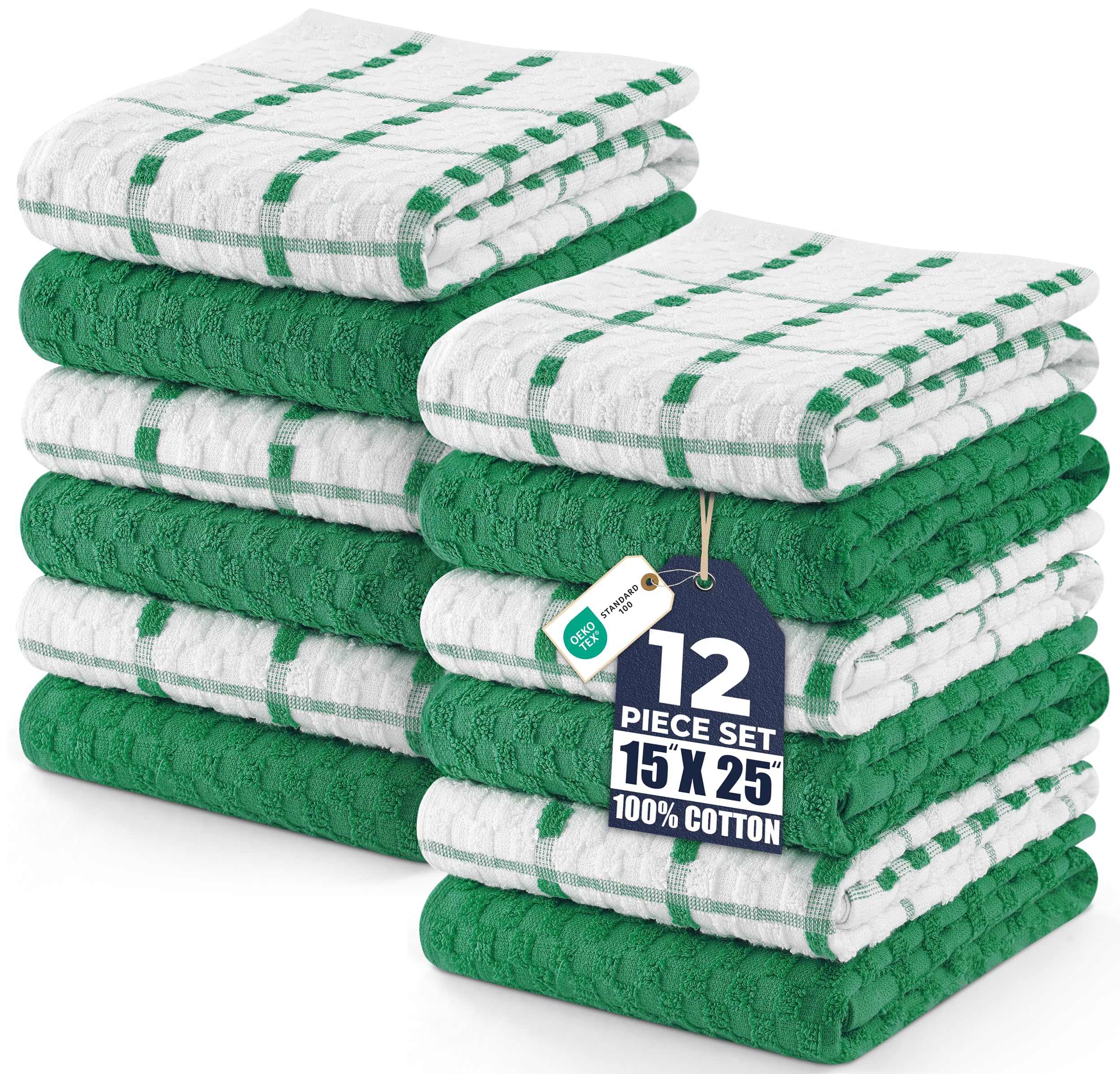 Kitchen Towels 12 Pack, 15 x 25 Inches, 100% Ring Spun Cotton Super Soft and Absorbent Linen Dish, Tea and Bar Towels Set