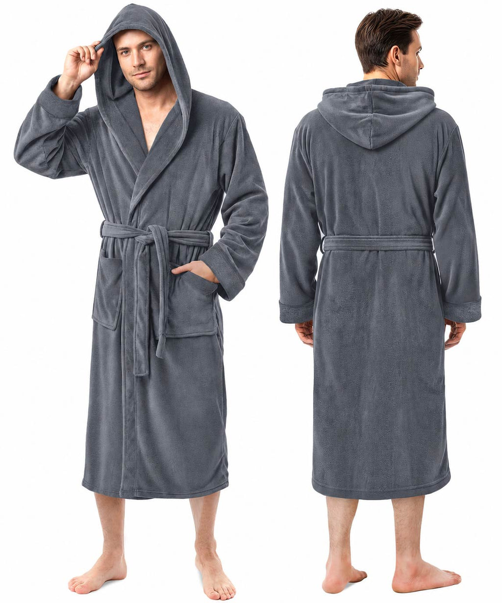 Men’s Fleece Hooded Bathrobe, Super Soft Plush Dressing Gown & Warm Loungewear for Home, Spa & Winter Use