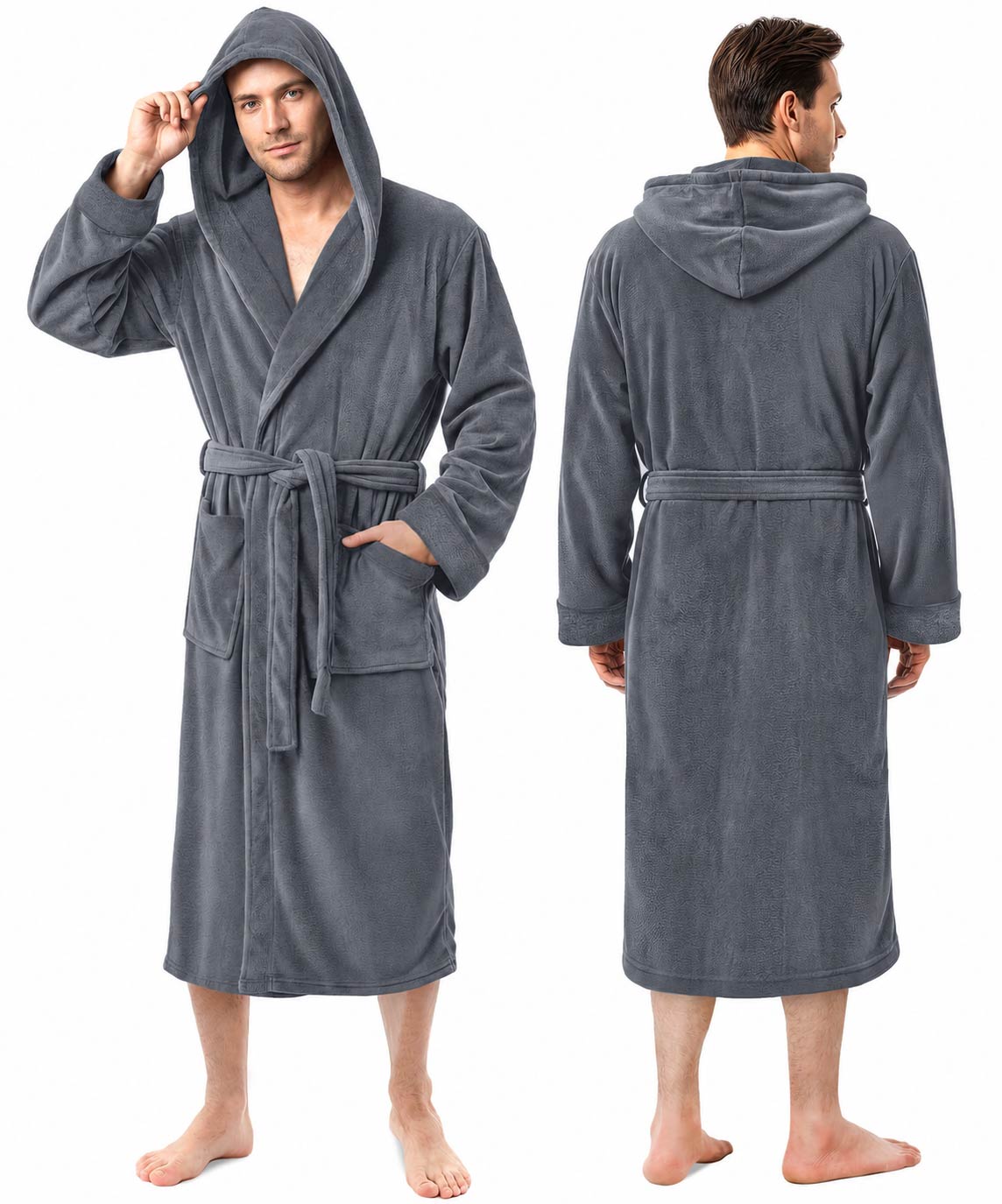 Men’s Fleece Hooded Bathrobe, Super Soft Plush Dressing Gown & Warm Loungewear for Home, Spa & Winter Use