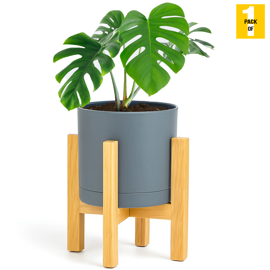 Modern Cylinder Planter Pots with Drainage & Wooden Stand – Durable ABS Plastic with Seamless Saucers – Ideal for Indoor & Outdoor Plant Styling – Pack of 2
