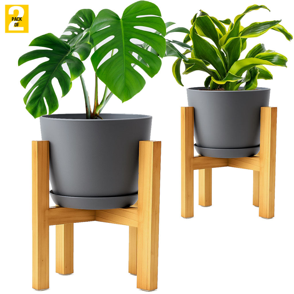Modern Planter Pots with Drainage Tray & Pure Wooden Stand – Durable ABS Plastic with Seamless Saucers