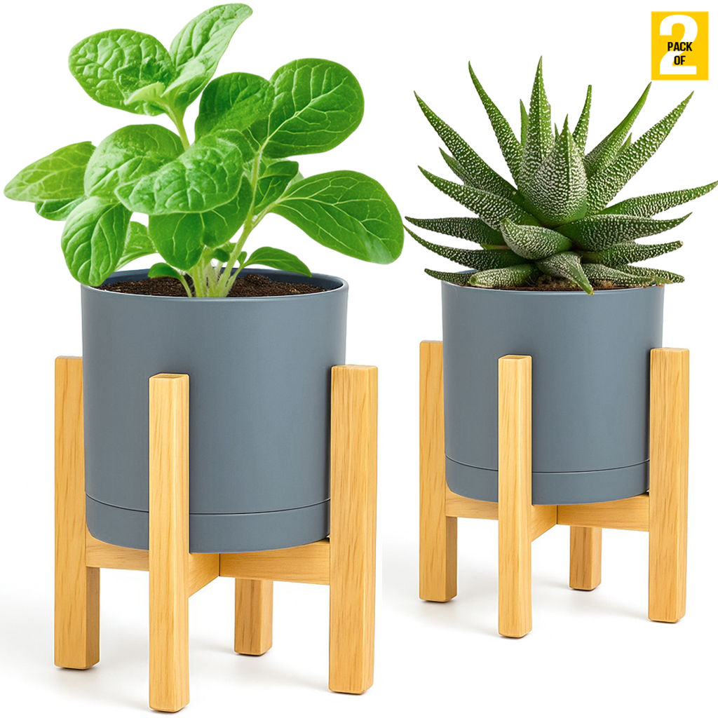 Modern Cylinder Planter Pots with Drainage & Wooden Stand – Durable ABS Plastic with Seamless Saucers – Ideal for Indoor & Outdoor Plant Styling – Pack of 2