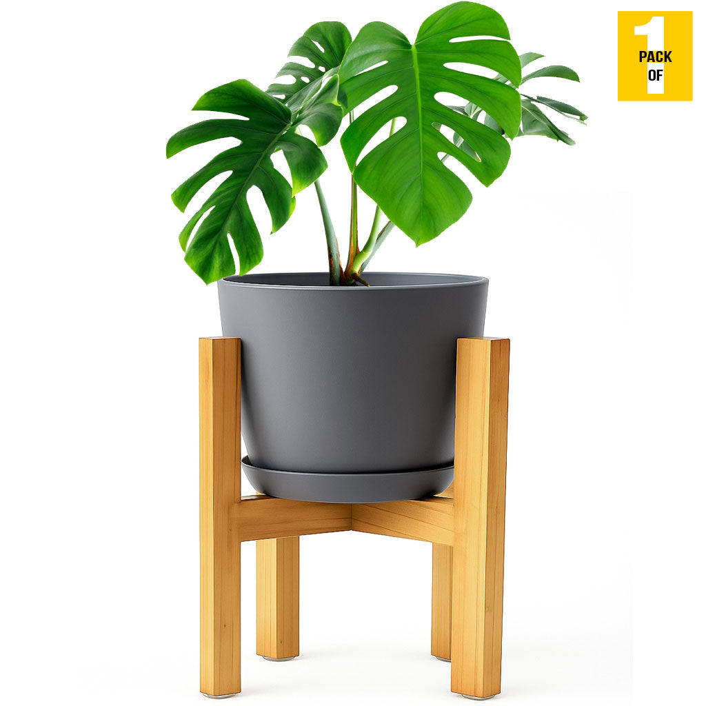 Modern Planter Pots with Drainage Tray & Pure Wooden Stand – Durable ABS Plastic with Seamless Saucers