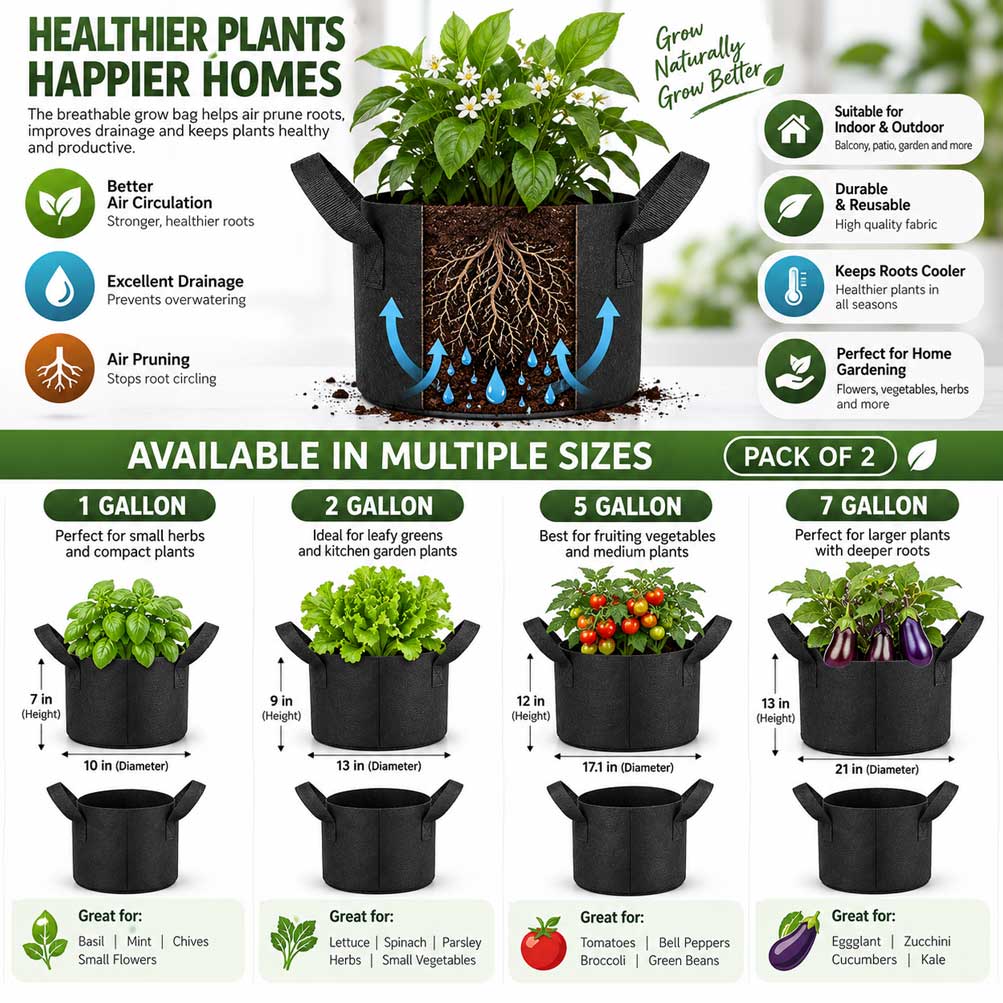 Heavy Duty Nonwoven Fabric Grow Bags with Handles – Pack of 2