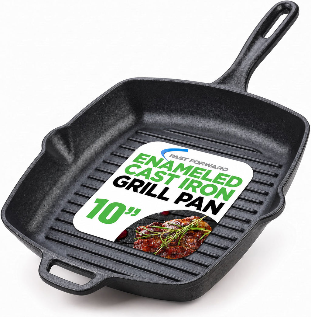 10-Inch Square Cast Iron Grill Pan, Pre-Seasoned Indoor Outdoor Griddle Pan for Gas Stove, BBQ, Steak, Chicken & Vegetables