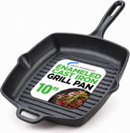 10-Inch Square Cast Iron Grill Pan, Pre-Seasoned Indoor Outdoor Griddle Pan for Gas Stove, BBQ, Steak, Chicken & Vegetables