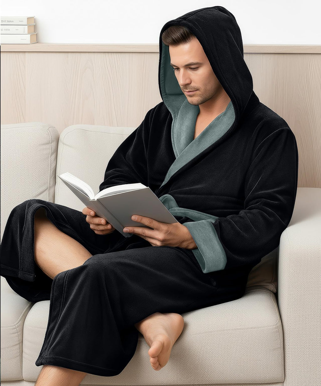 Men’s Fleece Hooded Bathrobe, Super Soft Plush Dressing Gown & Warm Loungewear for Home, Spa & Winter Use