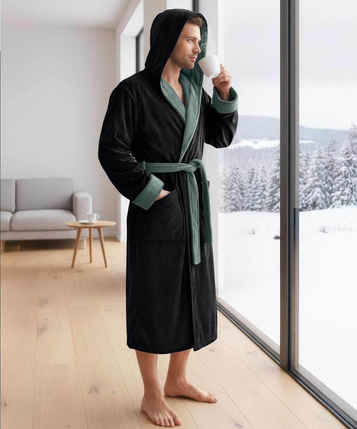 Men’s Fleece Hooded Bathrobe, Super Soft Plush Dressing Gown & Warm Loungewear for Home, Spa & Winter Use