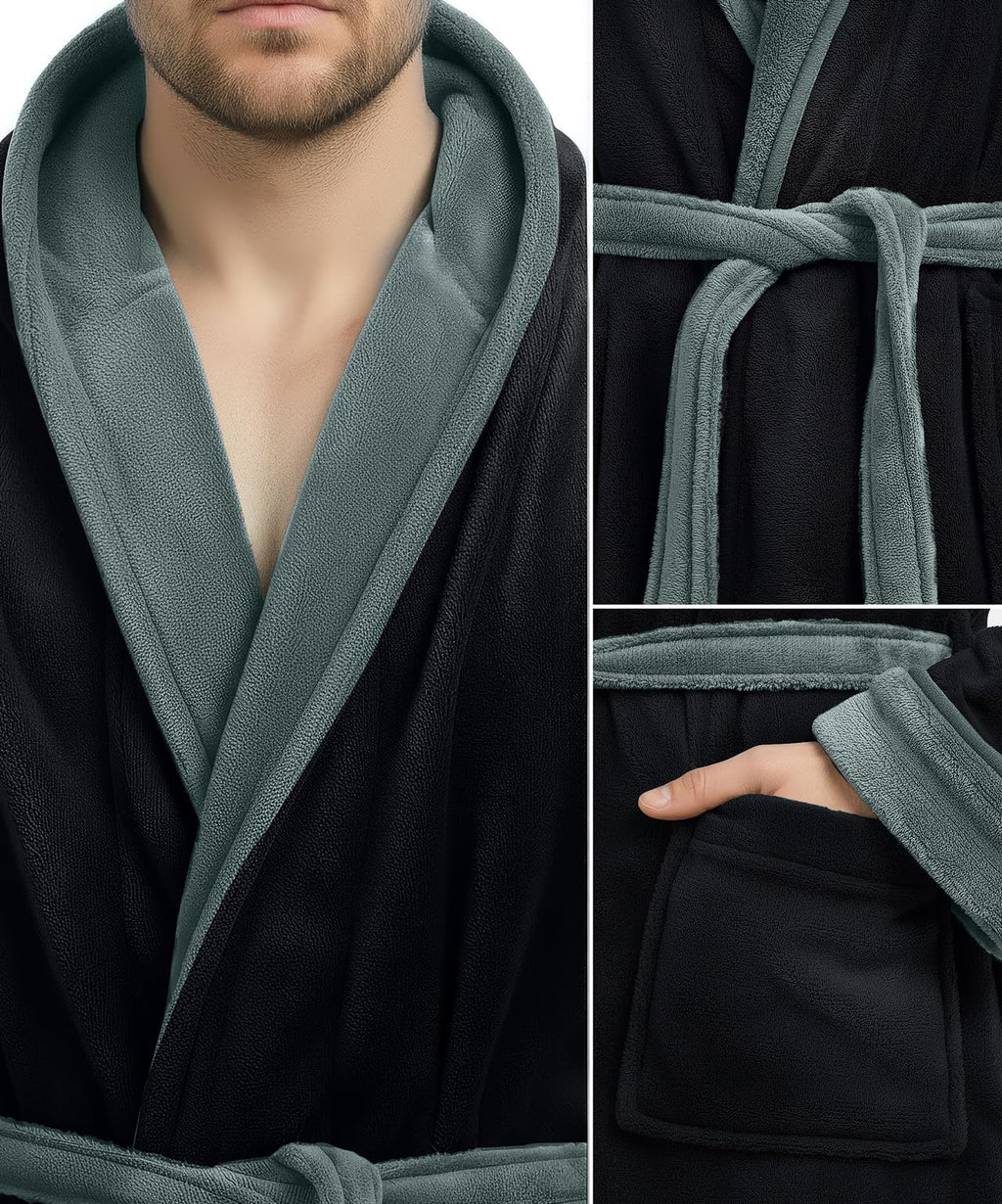 Men’s Fleece Hooded Bathrobe, Super Soft Plush Dressing Gown & Warm Loungewear for Home, Spa & Winter Use