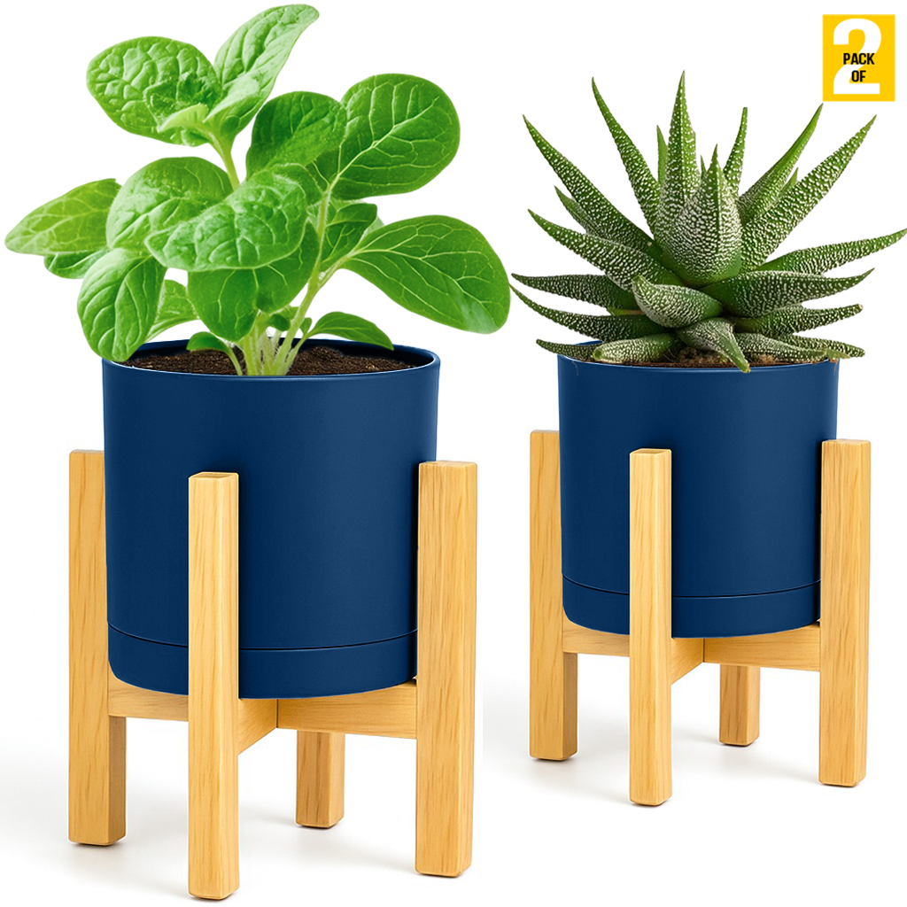 Modern Cylinder Planter Pots with Drainage & Wooden Stand – Durable ABS Plastic with Seamless Saucers – Ideal for Indoor & Outdoor Plant Styling – Pack of 2