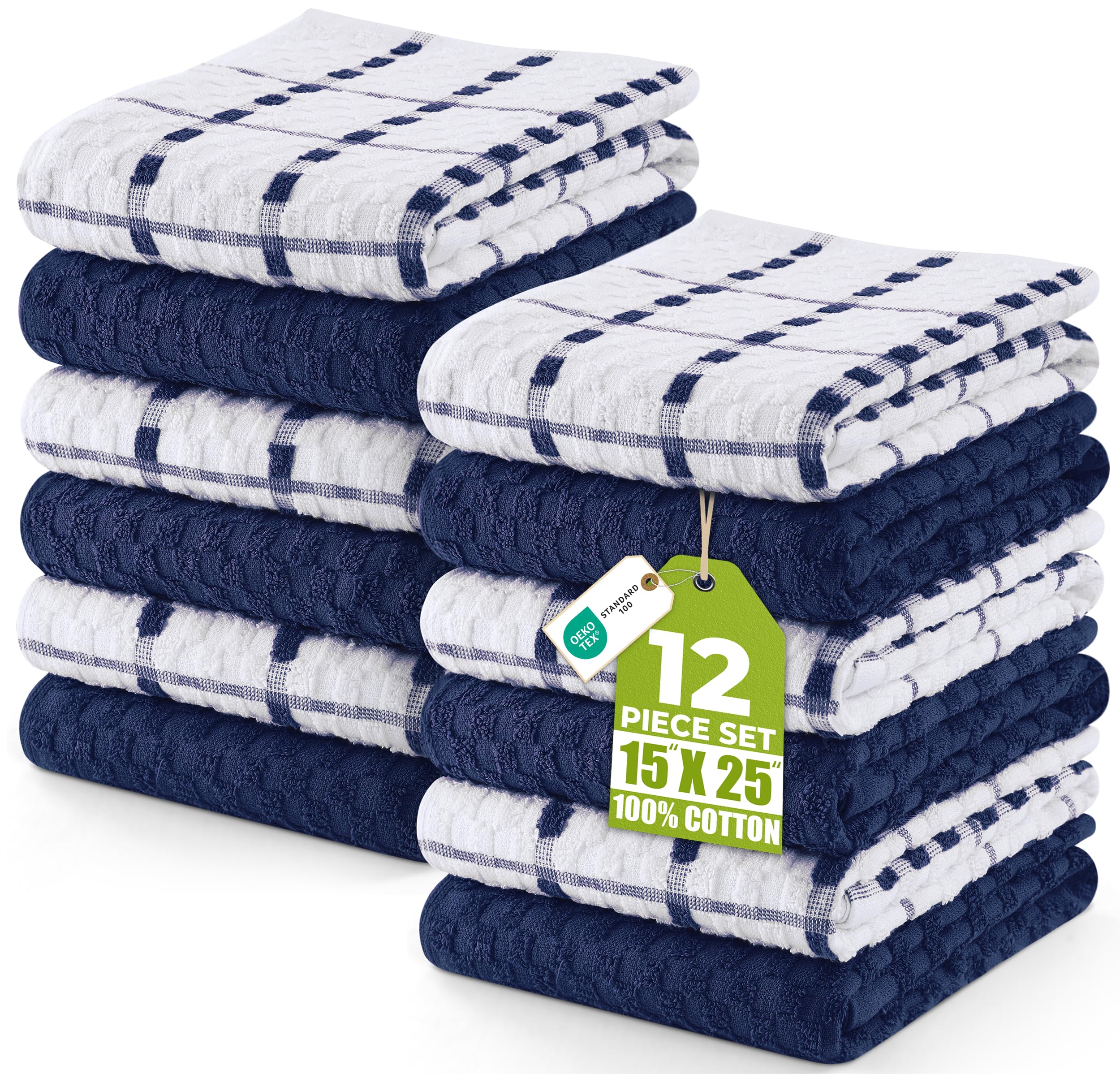 Kitchen Towels 12 Pack, 15 x 25 Inches, 100% Ring Spun Cotton Super Soft and Absorbent Linen Dish, Tea and Bar Towels Set