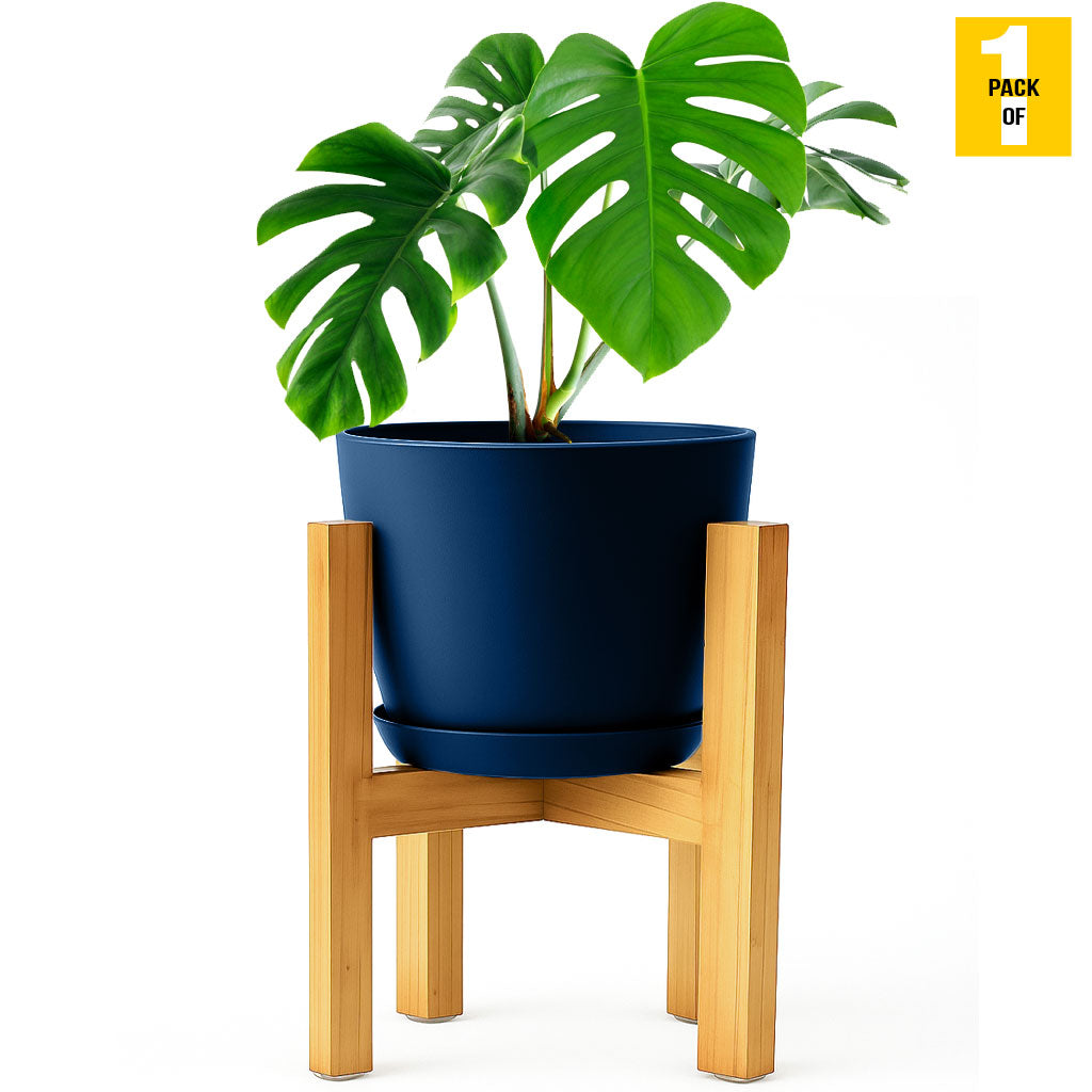 Modern Planter Pots with Drainage Tray & Pure Wooden Stand – Durable ABS Plastic with Seamless Saucers